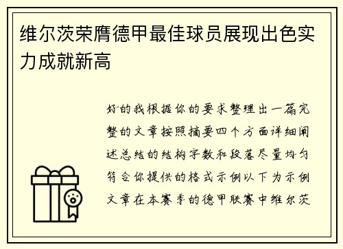 维尔茨荣膺德甲最佳球员展现出色实力成就新高